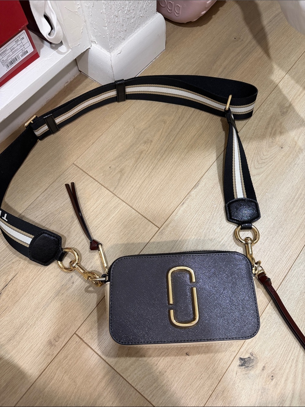 Marc Jacobs Black Saffiano Snapshot Crossbody with Cream-Striped Strap